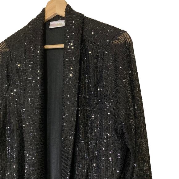 A624266 JINGLE BELLES by Kim Gravel Sequin Mesh Open Front Topper Black L - Picture 2 of 5